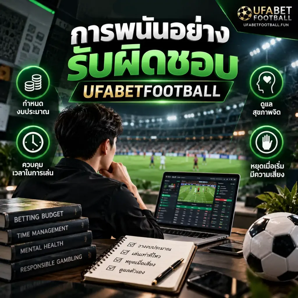 ภาพ การพนันอย่างรับผิดชอบ UFABETFOOTBALL แสดงชายกำลังพิจารณาข้อมูลฟุตบอล พร้อมสัญลักษณ์การควบคุมงบประมาณ เวลา สุขภาพจิต และการหยุดเมื่อเกิดความเสี่ยง