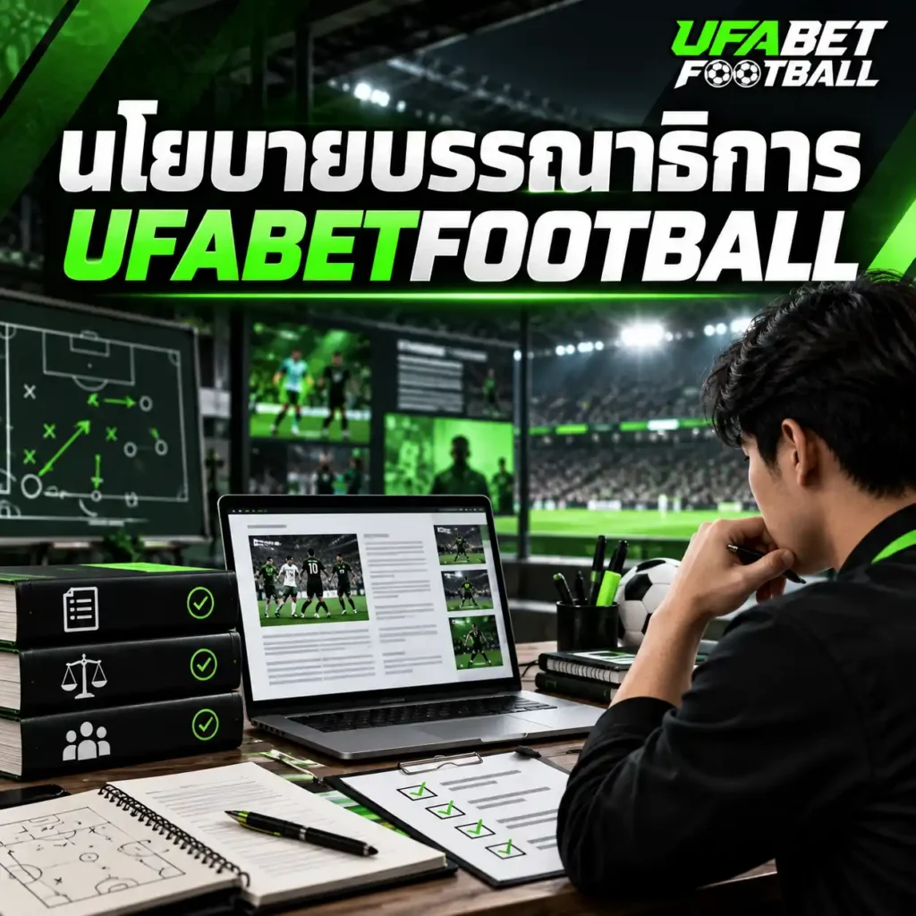 ภาพ นโยบายบรรณาธิการ UFABETFOOTBALL แสดงผู้ตรวจทานบทความฟุตบอลกำลังทำงานหน้าคอมพิวเตอร์ พร้อมเอกสารตรวจสอบข้อมูลและโลโก้เว็บไซต์มุมขวาบน