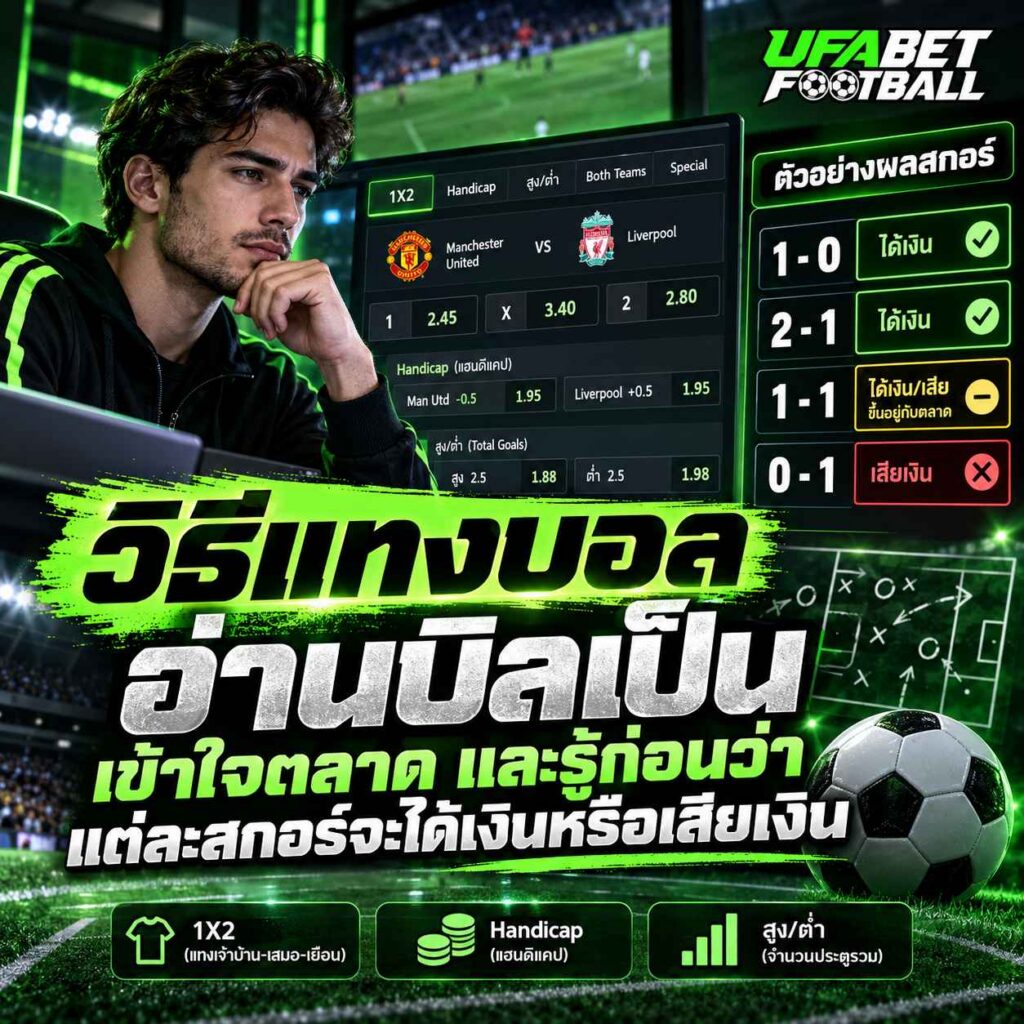 ภาพอธิบาย วิธีแทงบอล แสดงการอ่านบิลฟุตบอล การเลือกตลาดเดิมพัน และตัวอย่างสกอร์ที่มีผลต่อการได้เงินหรือเสียเงิน