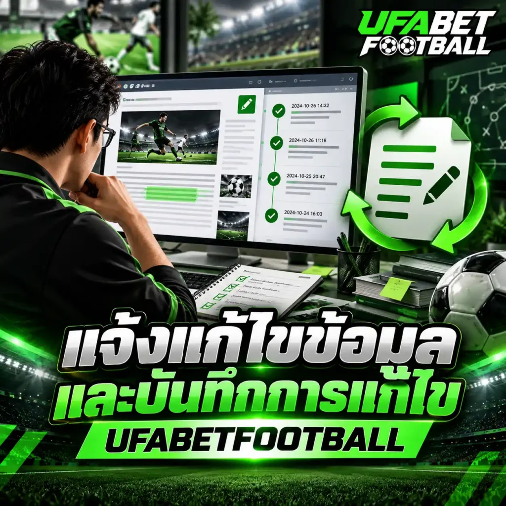 ภาพ แจ้งแก้ไขข้อมูลและบันทึกการแก้ไข UFABETFOOTBALL แสดงผู้ตรวจทานข้อมูลฟุตบอลผ่านคอมพิวเตอร์ พร้อมรายการแก้ไขเอกสารและประวัติการเปลี่ยนแปลง