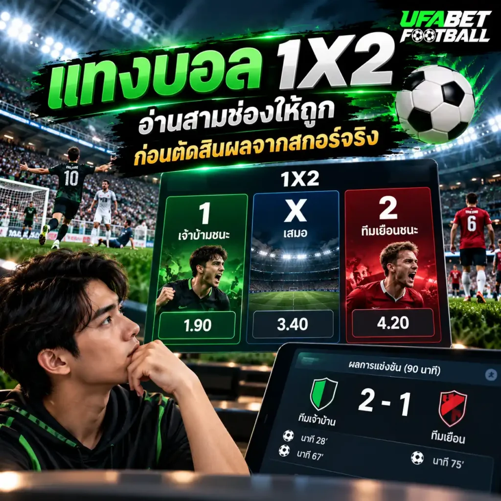 ภาพ แทงบอล 1X2 แสดงการเปรียบเทียบตัวเลือก 1 เจ้าบ้านชนะ X เสมอ และ 2 ทีมเยือนชนะ พร้อมตัวอย่างสกอร์ฟุตบอล 2-1 และโลโก้ UFABETFOOTBALL มุมขวาบน