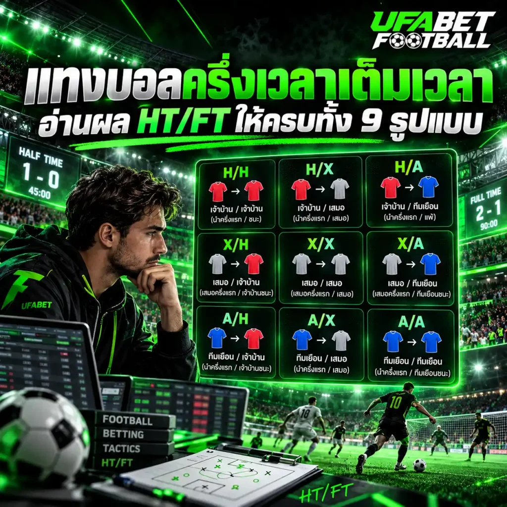 ภาพ แทงบอลครึ่งเวลาเต็มเวลา แสดงการอธิบายผล HT/FT ทั้ง 9 รูปแบบ พร้อมตัวอย่างครึ่งแรกและเต็มเวลา และโลโก้ UFABETFOOTBALL มุมขวาบน