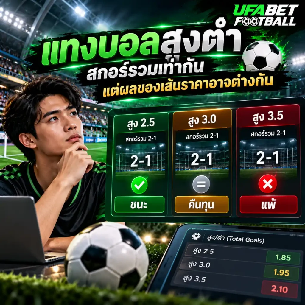 ภาพ แทงบอลสูงต่ำ แสดงชายกำลังวิเคราะห์ผลสกอร์ 2-1 โดยเปรียบเทียบเส้นราคาสูง 2.5 ชนะ สูง 3.0 คืนทุน และสูง 3.5 แพ้ พร้อมโลโก้ UFABETFOOTBALL มุมขวาบน