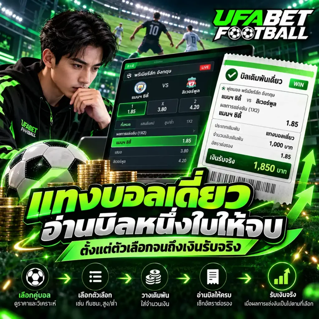 ภาพ แทงบอลเดี่ยว UFABETFOOTBALL แสดงผู้ชายกำลังวิเคราะห์บิลเดิมพันฟุตบอลหนึ่งใบ พร้อมหน้าจอราคาบอล ตัวเลือกเดิมพัน และตัวอย่างเงินรับจริง